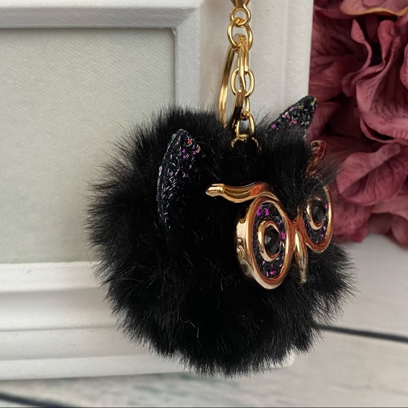 Fluffy Black Owl with Glasses Pom Pom Keychain - Picture 7 of 14